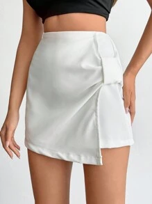 SHEIN PETITE Petite Size High Waist Wrap Hem Skort With Elastic Belt - White - View 1