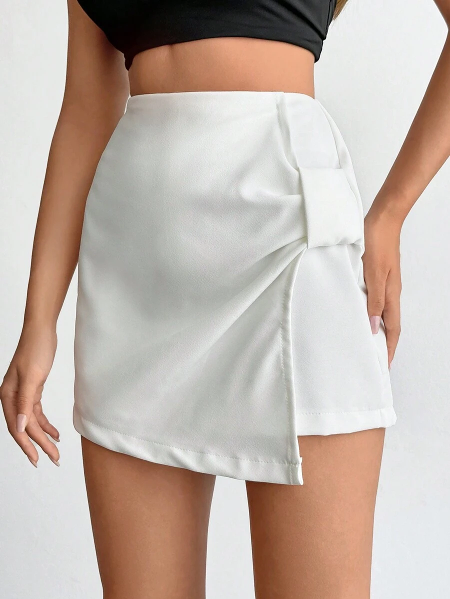 SHEIN PETITE Petite Size High Waist Wrap Hem Skort With Elastic Belt - White - View 1