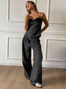 DAZY 2pcs Women's Solid Color Asymmetric Hem Camisole And Wide Leg Pants Set,Fall Clothes - Grey - View 3