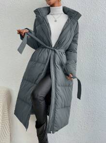SHEIN Frenchy Áo khoác dài có mũ trùm đầu, thắt lưng, đệm dày màu trơn cho mùa thu/đông - Xám - Xem 5