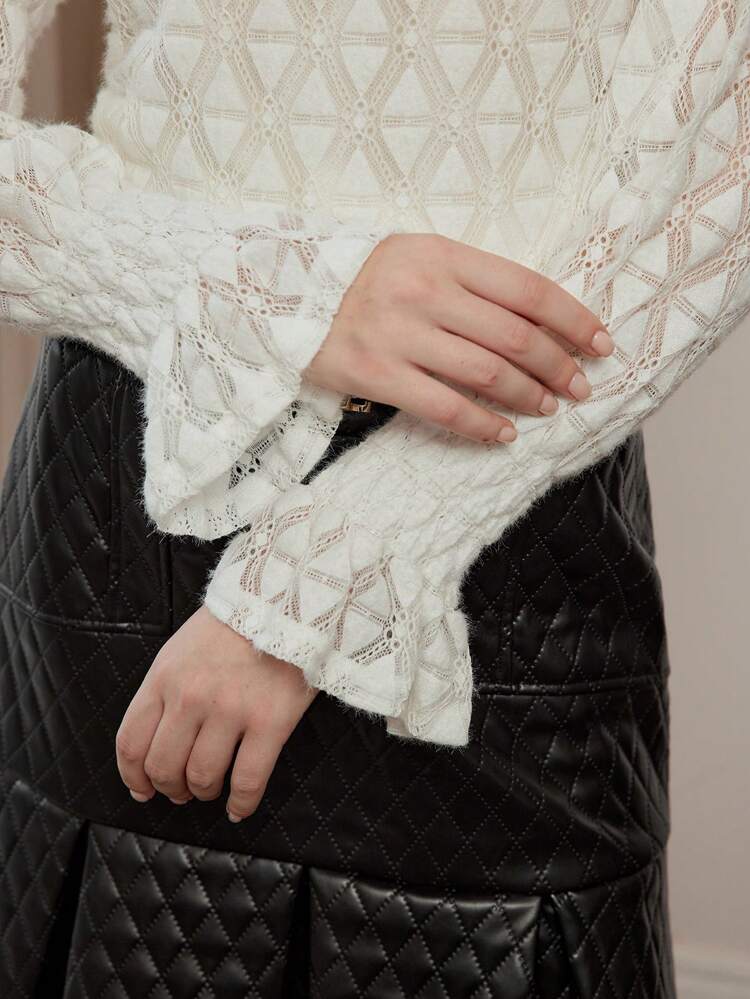SOLID LACE INSERT FLARE SLEEVE BLOUSE