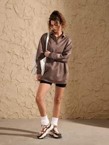 VARSIVA Sweatshirt Polo Collar Loose Casual Long Sleeves Women Sports Sweatshirts - Coffee Brown - View 3