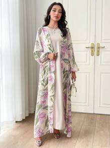 Al Najma Set 2 Potong Pakaian Wanita Musim Semi dan Gugur Motif Bunga Lengan Lentera dan Gaun Leher Bulat Warna Polos, Set Elegan 2 Potong - Purple - View 5
