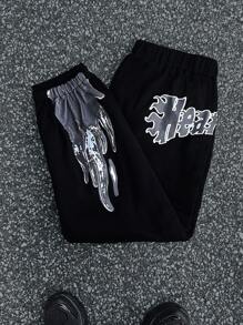 Manfinity Dauomo Plus Size Men's Casual Flame & Letter Printed Sweatpants - Black - View 5