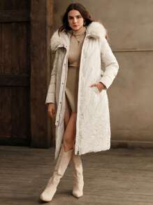 Anewsta 女士连帽抽绳口袋蓬松饰边长袖加厚长款大衣 - 米色 - 查看 7