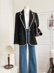 SHEIN LUNE Women's New Autumn/Winter Tweed Shell Trim Black Blazer Coat,Airport Outfits - Black and White - View 2