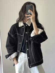 Dazy-Less 女式前扣长袖休闲保暖牛仔夹克 Old Money 风格，保暖内衬秋冬 - 黑色 - 查看 3