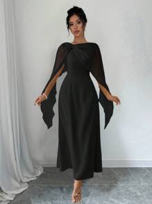 Chiquease Shiny Chiffon Collar Dress, Casual Daily - Black - View 1