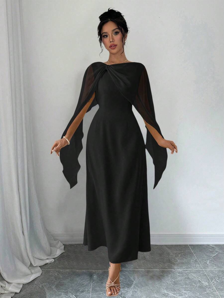 Chiquease Shiny Chiffon Collar Dress, Casual Daily - Black - View 1