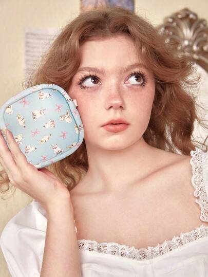 Kawaii Cartera de monedas/Bolsa de maquillaje impresa con diseño completo de lazo y gatito