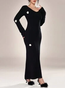 Modelyn Women Elegant V-Neck 3D Floral Embroidery Long Sleeve Knit Sweater Dress Fall Cloth For Women - Black and White - View 5