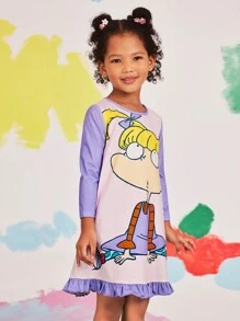 Nick 90s | SHEIN Young Girls Rugrats Cartoon Cute Little Girl Print Pink Purple Colorblock Contrast Color Processing Ruffle Hem Nightgown,Autumn/Winter - Mauve Purple - View 5