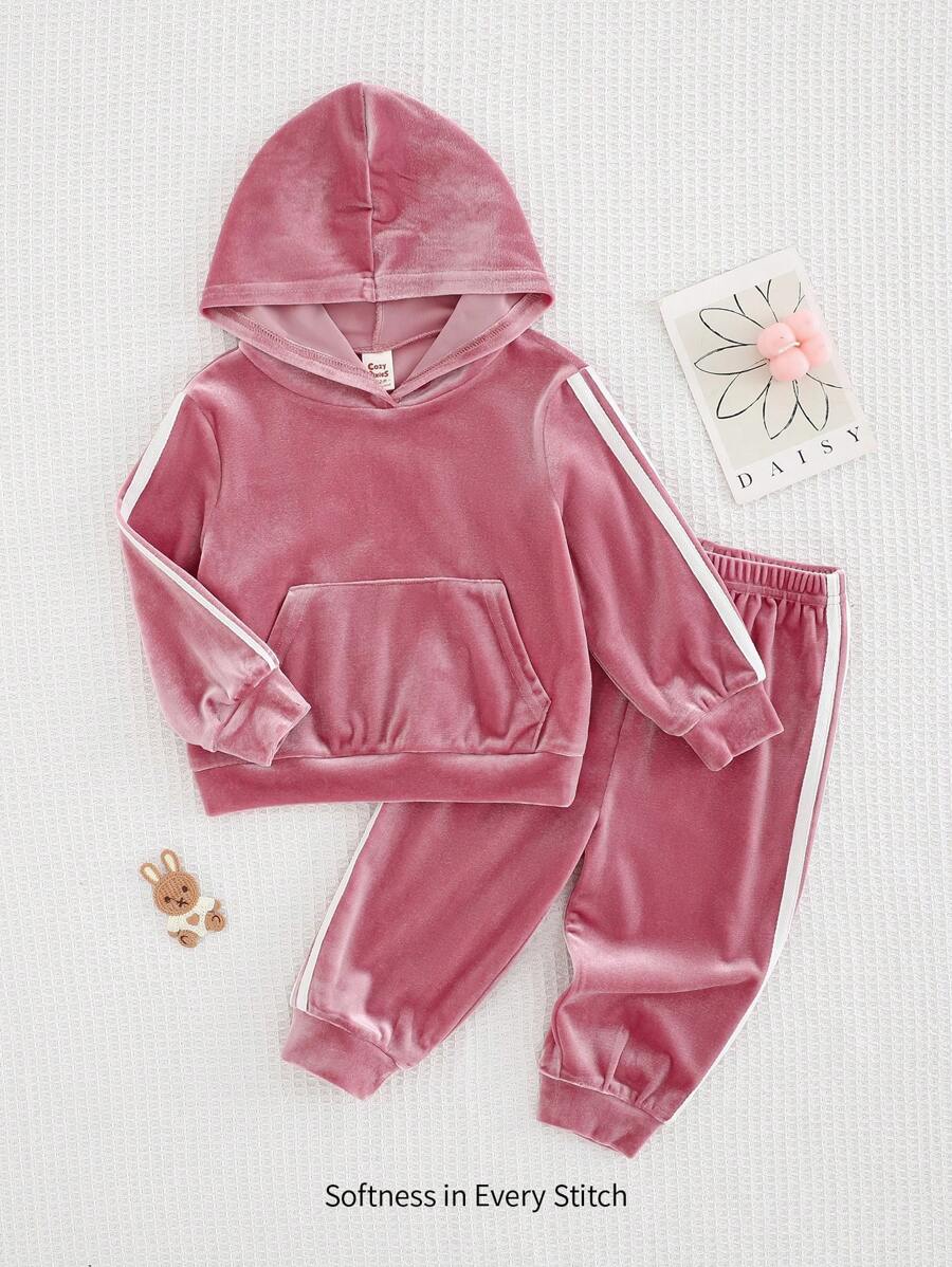 Cozy Pixies 2pcs Baby Girl Korean Style Colorblock Hooded Sweatshirt With Pockets & Drawstring Pants Set - Pink - View 1