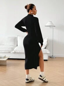 SHEIN EZwear Women's Solid Color Stand Collar Long Sleeve Split Hem Knit Sweater Dress, Casual - Black - View 2
