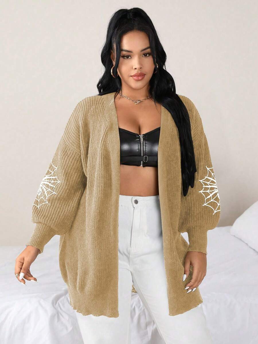 Flirla Plus Size Solid Color Long Sleeve Spider Web Pattern Minimalist Cardigan - Khaki - View 1