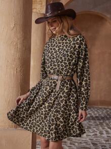 GENKIRA Gaun Pendek Model A-Line Longgar dengan Lengan Lentera dan Pinggang Berkerut Motif Leopard untuk Wanita, Musim Gugur - MultiWarna - View 4
