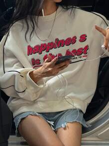 DAZY 女式超大字母印花拼色保暖衬里运动衫、长袖上衣秋冬 - 白色 - 查看 2