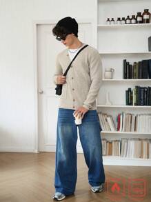 Manfinity Hypemode Cardigan casual de manga larga de un solo pecho con bolsillo de unicolor con cuello en V para hombre, otoño e invierno