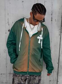 PAVTROS 男士宽松星星与字母图案拉链抽绳保暖内衬连帽衫（不含 T 恤） - 綠色 - 查看 5