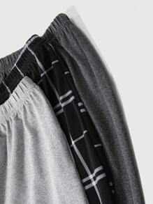 3pcs Set Men's Plaid + Solid Color Elastic Waist Lounge Pants