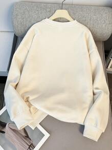 SHEIN 少女杏色泰迪熊字母印花宽松圆领卫衣