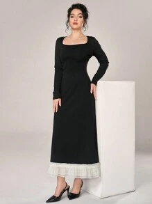 Modelyn Women's Solid Square Neck Elegant Long Sleeve Dress
