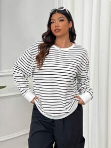 SHEIN EZwear Plus Size Loose Striped Round Neck Sweatshirt For Casual Wear, Early Autumn