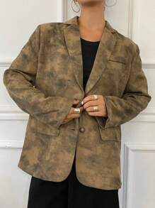DAZY Blazer holgado de mujer con cuello vuelto y hombros acolchados, de manga larga, con estampado floral teñido anudado