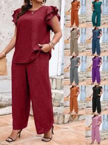 SHEIN Unity Conjunto de dos piezas de talla grande para mujer, sencillo y diario, con camiseta de manga corta y pantalones largos lisos - Burdeos - Ver 6