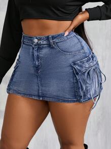 SHEIN SXY Váy denim cỡ lớn, váy công sở ngắn ôm sát co giãn gợi cảm, váy công sở màu xanh có túi, váy kiểu Y2K, váy nữ, váy ngắn màu xanh cho Lễ Tạ ơn. - Rửa trung bình - Xem 1