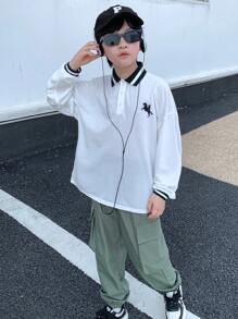 青少年男孩休闲韩版印花罗纹领部分纽扣门襟长袖针织 Polo 衫 - 白色 - 查看 1