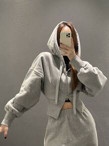 DAZY Women Solid Color High Waist Hooded Zip-Up Sweatshirt,Fall Clothes Jacket Hoodies - Grey - View 2