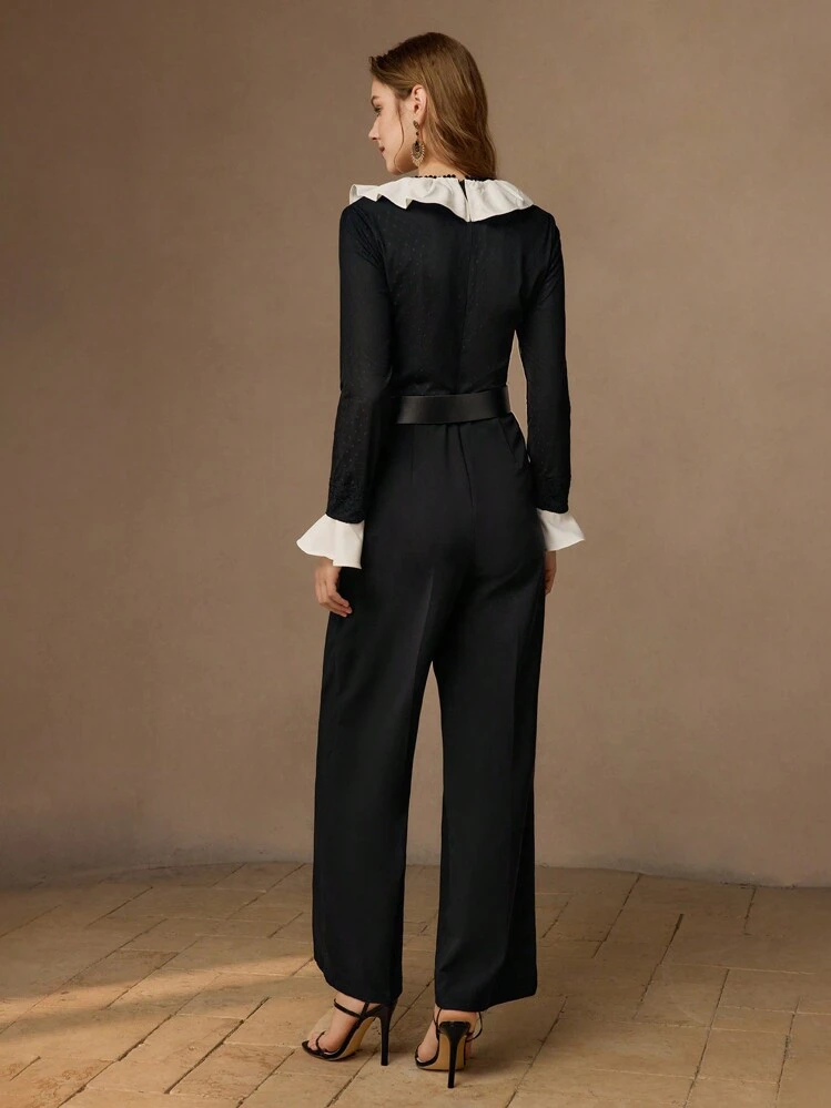 MOTF PREMIUM COLOR BLOCK RUFFLE TRIM JUMPSUIT - Black and White - View 6