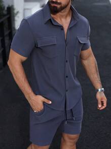 Manfinity Homme Men Solid Color Simple Daily Short-Sleeved Shirt Shorts Suit - Dark Grey - View 7