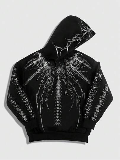 ROMWE MEN Goth Spring Casual Graphic Men'S Skeleton Print Hooded Sweatshirt, Spring/Autumn Season, Halloween, Long Sleeve Top