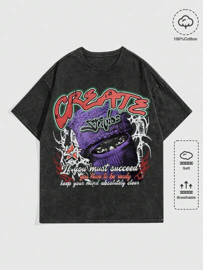 Street Life T-shirt casual à col rond et manches courtes avec imprimé lettre et chiffre pour hommes