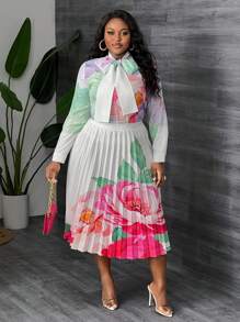 SHEIN CURVE+ 女款大尺碼花卉印花襯衫與百褶裙套裝 - 彩色 - 查看 3
