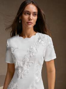 Anewsta Đầm chữ A cổ tròn tay ngắn đính hoa thanh lịch cho nữ thêu trang phục nữ - trắng - Xem 4