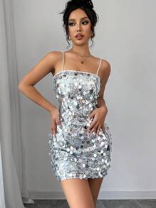 Firerie 女士优雅派对性感舞会返校节亮片装饰细肩带修身迷你连衣裙、浪漫约会和节日细肩带紧身连衣裙、晚会礼服、闪光连衣裙、派对礼服、晚宴礼服、音乐会礼服，适合日常、派对、返校节季节、婚礼季节、演出服装 - 銀色 - 查看 4