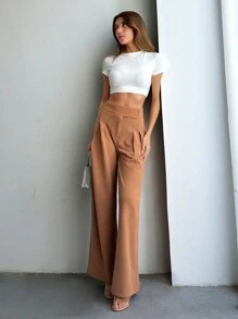 SHEIN PETITE 小码女式纯棉高腰褶饰直筒裤 - 米色 - 查看 3