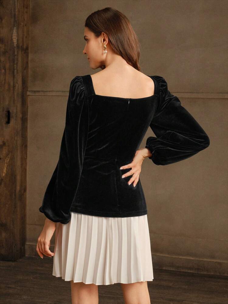 Women's Spring & Autumn Scoop Neck Long Sleeve Elegant Velvet Patchwork A-Line Pleated Dress For Holiday Party Clothes