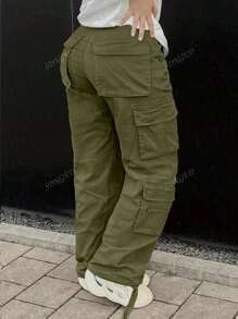 Plus Size Solid Color Button Casual Multi-Pocket Cargo Pants