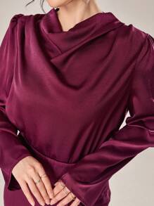 Modelyn 勃艮第红色 2 件女式纯色围脖领衬衫和迷你裙优雅套装，春秋两件套 - 酒紅色 - 查看 7