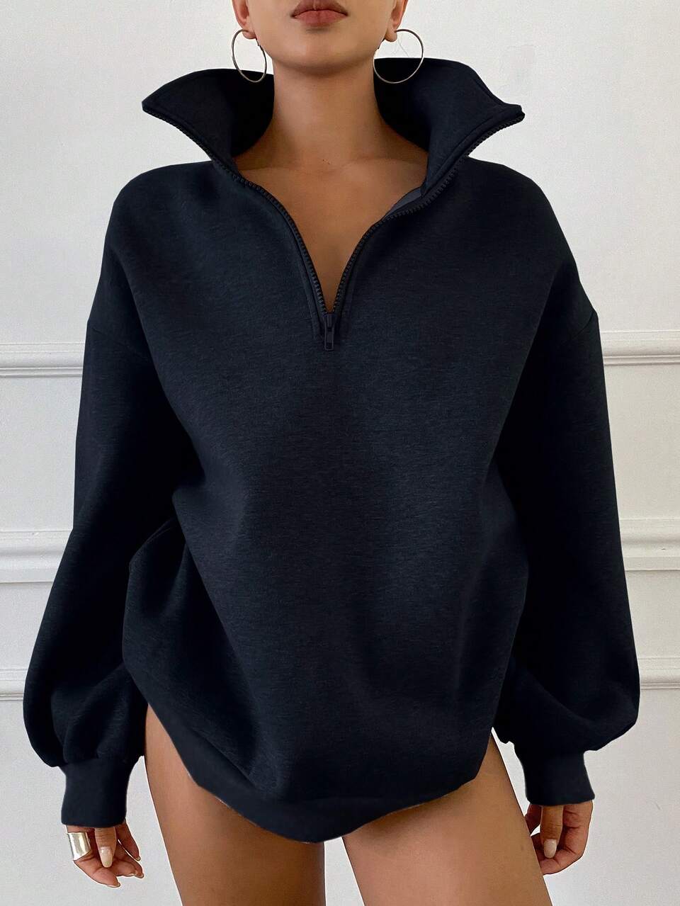 Fashionable Basic Loose Fit Polo Collar Casual Fleece Sweatshirt For Women, Thermal Lined