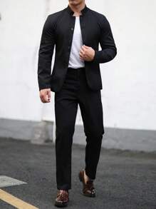 Manfinity Mode 2pcs Men's Casual Single-Breasted Solid Color Long Sleeve Blazer And Trousers Suit, Spring/Autumn - Black - View 4
