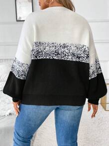 SHEIN LUNE Pull ample décontracté à col en V, manches longues, dégradé noir et blanc contrastant, tenue décontractée femme, tenue de vacances, hauts de campagne