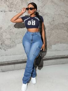 SHEIN EZwear Jeansy dzwony Plus Size Relaxed Fit, niebieskie - Niebieski - Zobacz 3