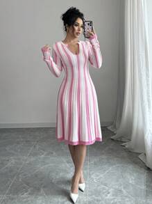 Selianne 女士条纹 V 领长袖休闲毛衣连衣裙，春秋 - 粉色 - 查看 1