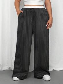 SHEIN EZwear Plus Size Women Waist Tie-Up Color Block Stripe Wide Leg Loose Casual Pants - Dark Grey - View 6