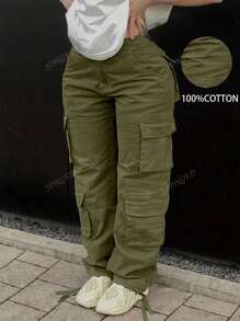 Plus Size Solid Color Button Casual Multi-Pocket Cargo Pants
